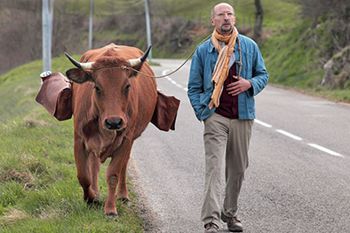 Fatha et sa vache, Jacqueline lors de sa fraversée de la France. Photo extraite du film.